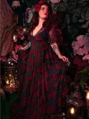 Red Rose Flocked Lydia Dress by Wax Poetic Clothing Size Large
